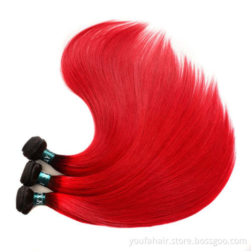 Peruvian Remy Virgin 100% Human Hair Pre Colored 1b/red Ombre Two Tone Straight Bundles Hair Extension Weave with Lace Closure